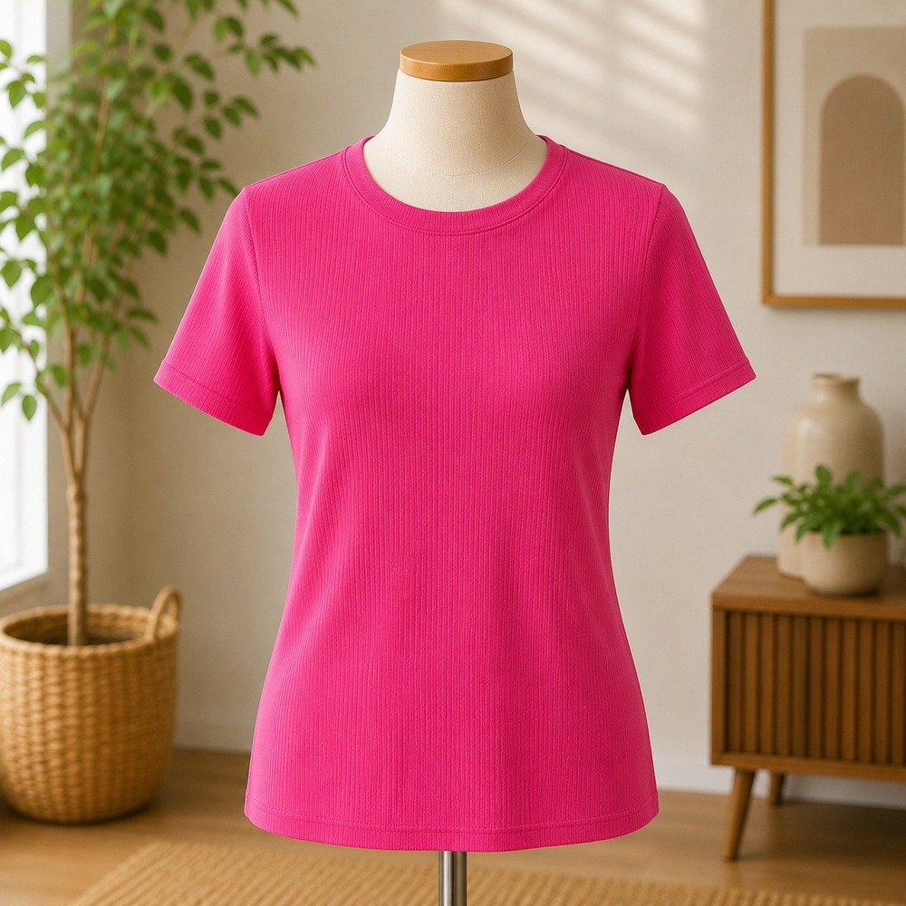 Laura Scott Ribbed Knit T-Shirt Womens Small Pink Short Sleeve Crew Neck Top